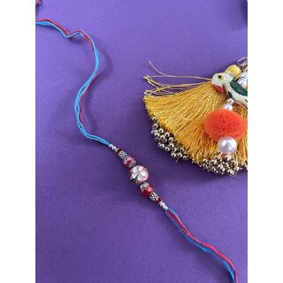                       Designer Rakhi Orange Meenakari Kundan Bead With Crystal Thread Rakhi For Raksha Bandhan                                              
