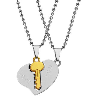                       M Men Style Valentine Gift Matching Puzzle Lock Key Couple Heart Rhodium Blue  Zinc  Metal  Pendant                                              