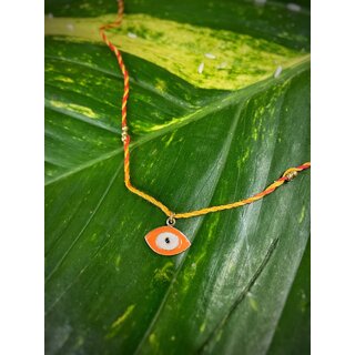                       Fancy Orange Evil Eye Charm Designer Rakhi With Multicolored Thread For Raksha Bandhan Celebration                                              