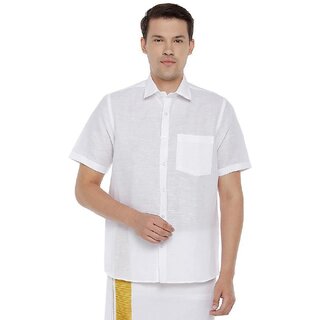                       Uathayam Cotton Linen White Half Sleeve Shirt For Men                                              