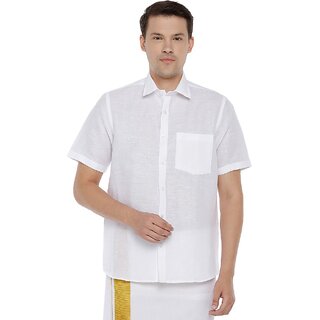                       Uathayam Linen Rise Pure Linen Half Sleeve White Shirt For Men                                              