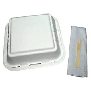 SRIND Biodegradable Food Box (25P)with a pack of Fruitfork(25P)Tissue(25P)|Burger box|Fruit salad Box| 100% Natural Compostable|Eco Friendly |Natural |Use and Throw | Travel box (25)