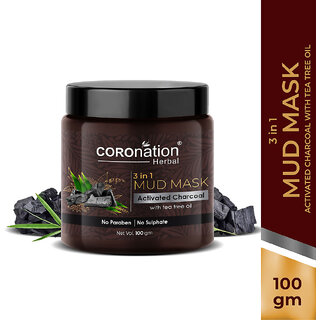 COROnation Herbal Activated Charcoal 3 in 1 Mud Mask with Tea Tree Oil - 100 gm