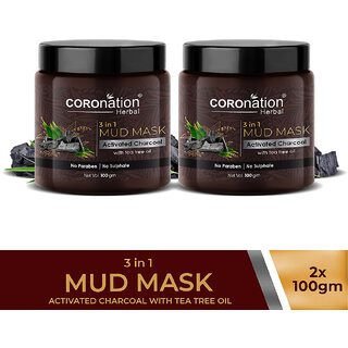 COROnation Herbal Activated Charcoal 3 in 1 Mud Mask with Tea Tree Oil - 100 gm X 2 ( Pack of 2 )