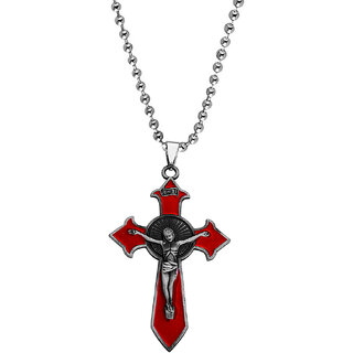                       M Men Style  Religious Lord Jesus  Crucifix  Christian  Cross  Grey And Red  Stainless Steel Pendant                                              