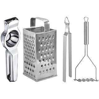                       Oc9 Stainless Steel Lemon Squeezer & 4 in 1 Grater/Slicer & Roti Chimta & Potato Masher Kitchen Tool Set                                              