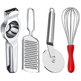                       Oc9 Stainless Steel Lemon Squeezer & Cheese Grater & Pizza Cutter & Egg Whisk Kitchen Tool Set                                              
