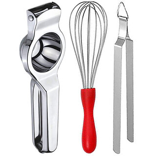                       Oc9 Stainless Steel Lemon Squeezer & Egg Whisk & Roti Chimta Kitchen Tool Set                                              