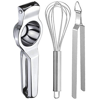                       Oc9 Stainless Steel Lemon Squeezer & Egg Whisk & Roti Chimta Kitchen Tool Set                                              