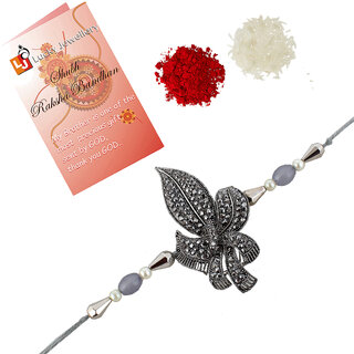                       LUCKY JEWELLERY Designer German Silver Quirky Leaf Shape (Pack of 1) Rakshabandan Rakhee                                              