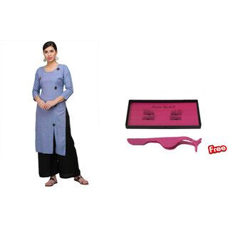                       Buy Exotic Sky Blue Coloured Casual Two Tone Rayon kurti & Pair Of Magnetic Eyelashes.                                              