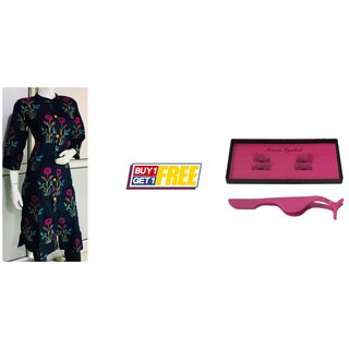                       Buy Blue Coloured Printed Casual Rayon Kurti & Get  Pair Of Magnetic Eyelashes.                                              