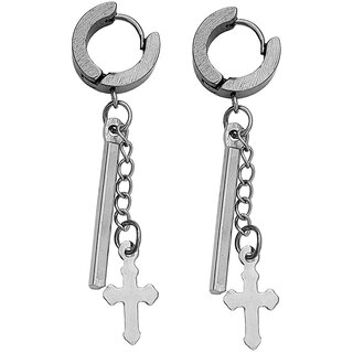                       M Men Style  Religious Jewelry Jesus Cross Charm Piercing Surgical  Silver  Stainless Steel Earrings                                              