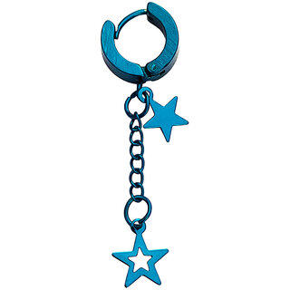                       M Men Style  Valentine Gift Double Star Chain Charm Drop Dangle Hoop  Blue Stainless Steel  Earrings                                              