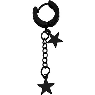                       M Men Style  Valentine Gift Double Star Chain Charm Drop Dangle Hoop Black Stainless Steel  Earrings                                              