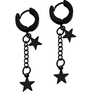                       M Men Style  Valentine Gift  Star Chain Charm Drop Dangle Hoop Black Stainless Steel  Earrings                                              