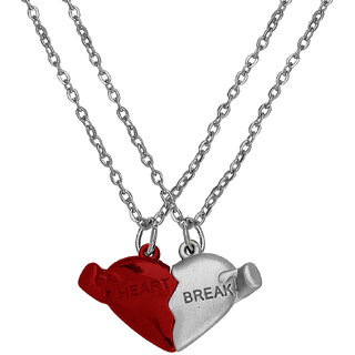                       M Men Style Valentine Broken Heart  Magnetic Couple Red  Silver Zinc And MetalPendant  Chain                                              