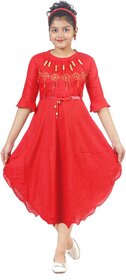 NFC FASHIONS Girls Calf Length Festive/Wedding Dress (Red, 3/4 Sleeve)