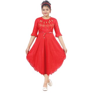                       NFC FASHIONS Girls Calf Length Festive/Wedding Dress (Red, 3/4 Sleeve)                                              
