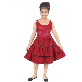 NFC FASHIONS Girls Calf Length Festive/Wedding Dress (Red, Sleeveless)