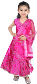 Kid Kupboard Sleeveless Girls Floral Dark Pink Stitched Cotton Lehenga Choli with Dupatta Set