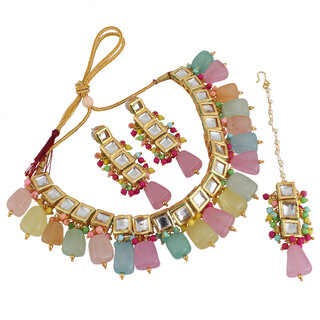 LUCKY JEWELLERY Back Meenakari 18k Gold Lucknow Dibbi Kundan, Uncut Faux Kundan, Combo Necklace set LUCKY JEWELLERY Back Meenakari 18k Gold Lucknow Dibbi Kundan, Uncut Faux Kundan, Combo Necklace set