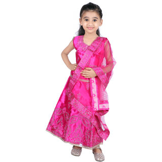 Kid Kupboard Sleeveless Girls Floral Dark Pink Stitched Cotton Lehenga Choli with Dupatta Set