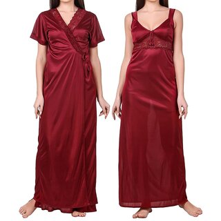                       Women's 2 Pc Premium Nightwear in Maroon Satin with Lace Daily essential Hot Lounge wear 7312Ma                                              