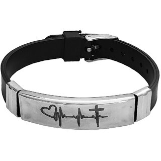                       M Men Style Lifeline Heart Beat Cross Printing Made of Stainless Stee Black Silicon Strap Unisex                                              