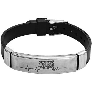                       M Men Style Tiger Head Heart Beat LifeLine Printing Made Stainless Steel Black Silicon Strap Unisex                                              