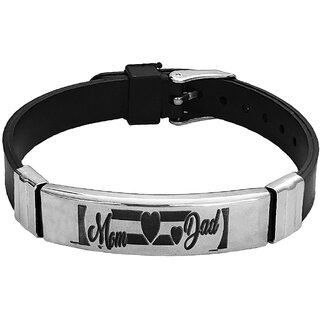                       M Men Style Mom And Dad Heart  Printing Made of Stainless Steel and Black Silicon Strap Unisex                                              