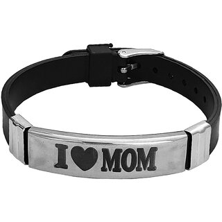                       M Men Style I Love Mom  Printing Made of Stainless Steel and Black Silicon Strap Unisex                                              