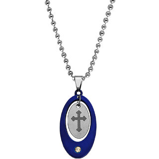                       M Men Style Religious Crusifix Cross With White Stone Silver  Blue Stainless Steel Pendant  Chain                                              