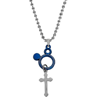                       M Men Style   Crusifix Cross With Ring  Blue And Silver  Stainless Steel  Pendant  Chain                                              