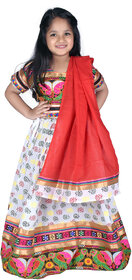 Kid Kupboard  Sleeveless  Girls  Floral  Multicolor  Stitched  Cotton  Lehenga Choli with Dupatta Set
