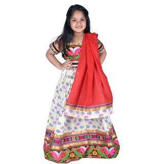 Kid Kupboard  Sleeveless  Girls  Floral  Multicolor  Stitched  Cotton  Lehenga Choli with Dupatta Set
