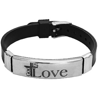                       M Men Style Jesus Cross God Is Love Engraved  Stainless Steel Black Silicone Strap Unisex Wristband                                              