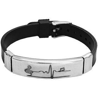                       M Men Style  Music Sign Engraved Of Stainless Steel  Black Silicone Strap Unisex Wristband                                              