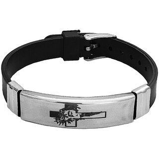                       M Men Style  Jesus Cross  Engraved Of Stainless Steel  Black Silicone Strap Unisex Wristband                                              