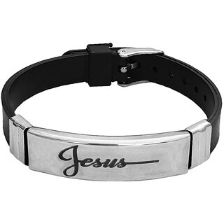                       M Men Style  Jesus  Engraved   Of Stainless Steel  Black Silicone Strap Unisex Wristband                                              