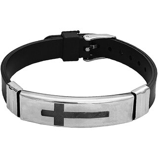                       M Men Style  Cross  Engraved   Of Stainless Steel  Black Silicone Strap Unisex Wristband                                              