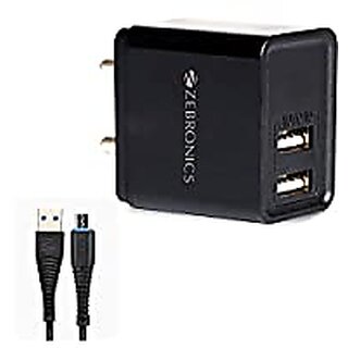 ZEBRONICS Zeb-MA5223 USB Charger Adapter with 1 Metre Micro USB Cable 2 USB Ports 2.4A Output for Mobile Phone/Tablets (Black)