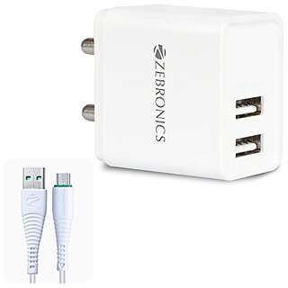ZEBRONICS Zeb-MA5223 USB Charger Adapter with 1 Metre Micro USB Cable 2 USB Ports 2.4A Output for Mobile Phone/Tablets (White)