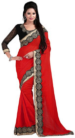 Bhuwal Fashion Red Chiffon Embroidered Saree With Blouse