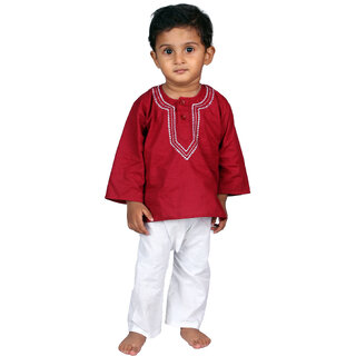                       Kidzee Kingdom  Collared Neck  Baby Boys  Regular-Fit  Kurta and Pyjama Set  Full-Sleeves  Red  White  Cotton                                              