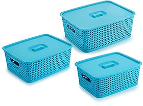 Selvel Storage Basket/Box with lid for Kitchen | Vegetables | Toys | Books | Office | Stationery | Utility | Cosmetics | Accessories | Closet | Wardrobe | Set of 3 (Sky Blue)