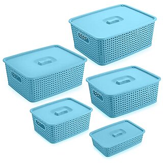 Selvel Storage Basket/Box with lid for Kitchen | Vegetables | Toys | Books | Office | Stationery | Utility | Cosmetics | Accessories | Closet | Wardrobe | Set of 5 (Sky Blue)