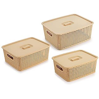 Selvel Storage Basket/Box with lid for Kitchen | Vegetables | Toys | Books | Office | Stationery | Utility | Cosmetics | Accessories | Closet | Wardrobe | Set of 3 (Beige)