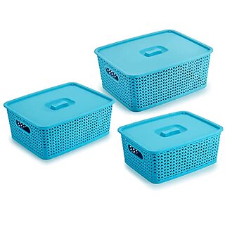 Selvel Storage Basket/Box with lid for Kitchen | Vegetables | Toys | Books | Office | Stationery | Utility | Cosmetics | Accessories | Closet | Wardrobe | Set of 3 (Sky Blue)