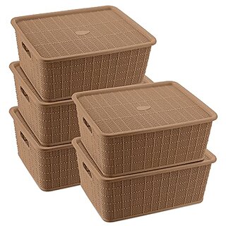                       Selvel Storage Basket/Box with lid for Kitchen  Vegetables  Toys  Books  Office  Utility  Cosmetics  Accessories  Closet  Wardrobe  Set of 5 (Bucket Brown)                                              
